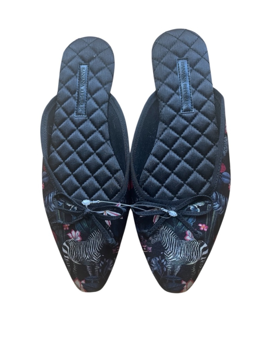 Banana Republic Black Quilted Zebra Print Slip-On Mules with Floral Accents